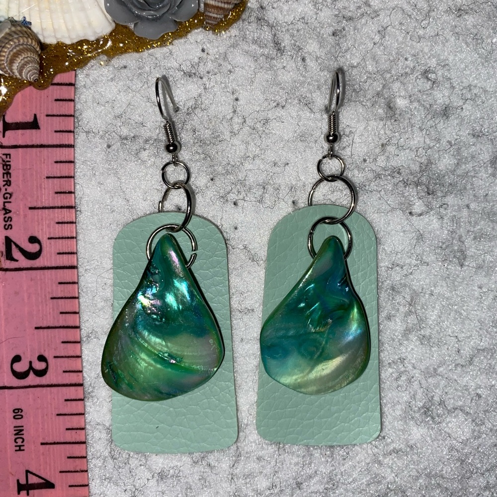 Mint Leather and Blue and Green Shell Earrings